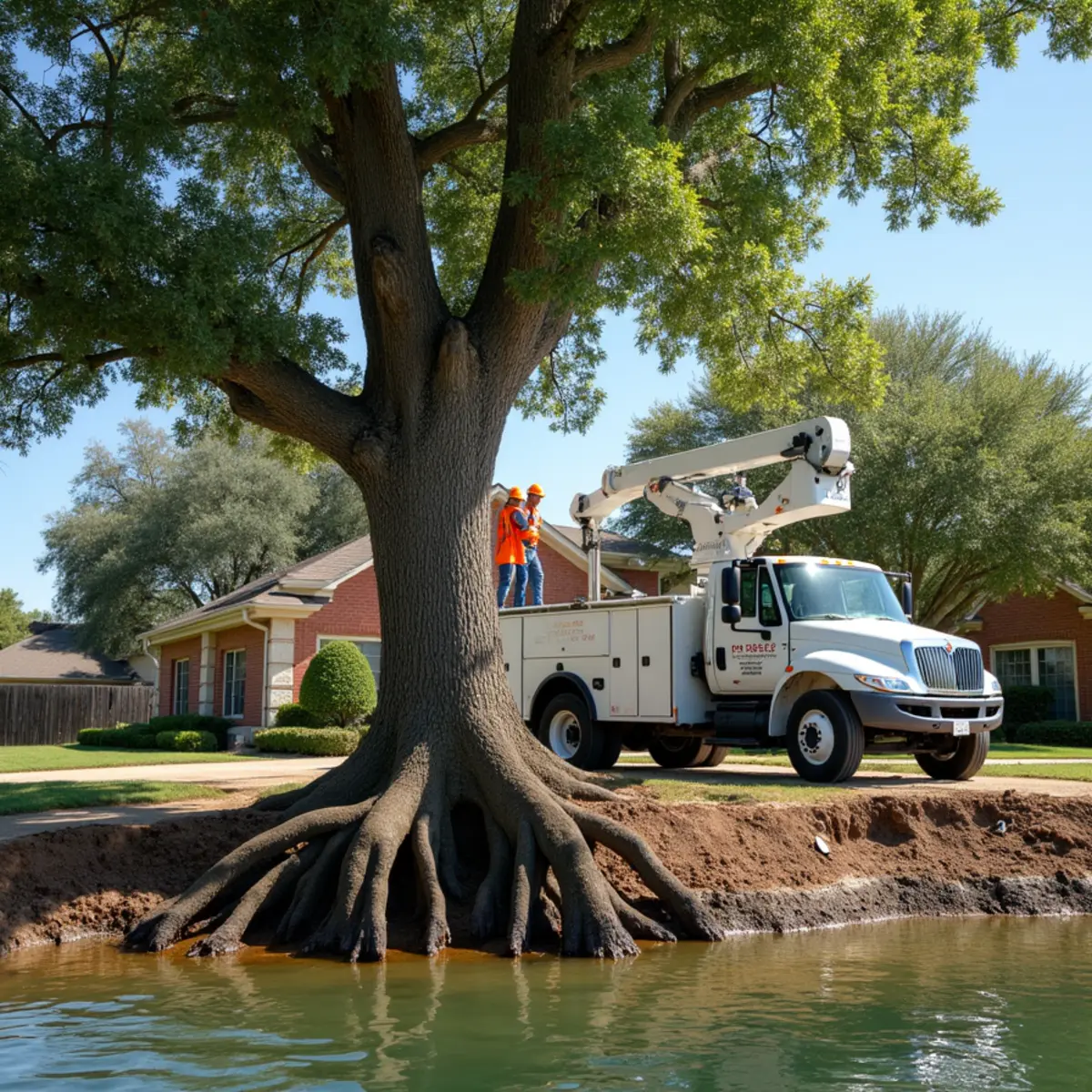 Lakefront tree with roots undercut by shoreline erosion near The Colony, TX
