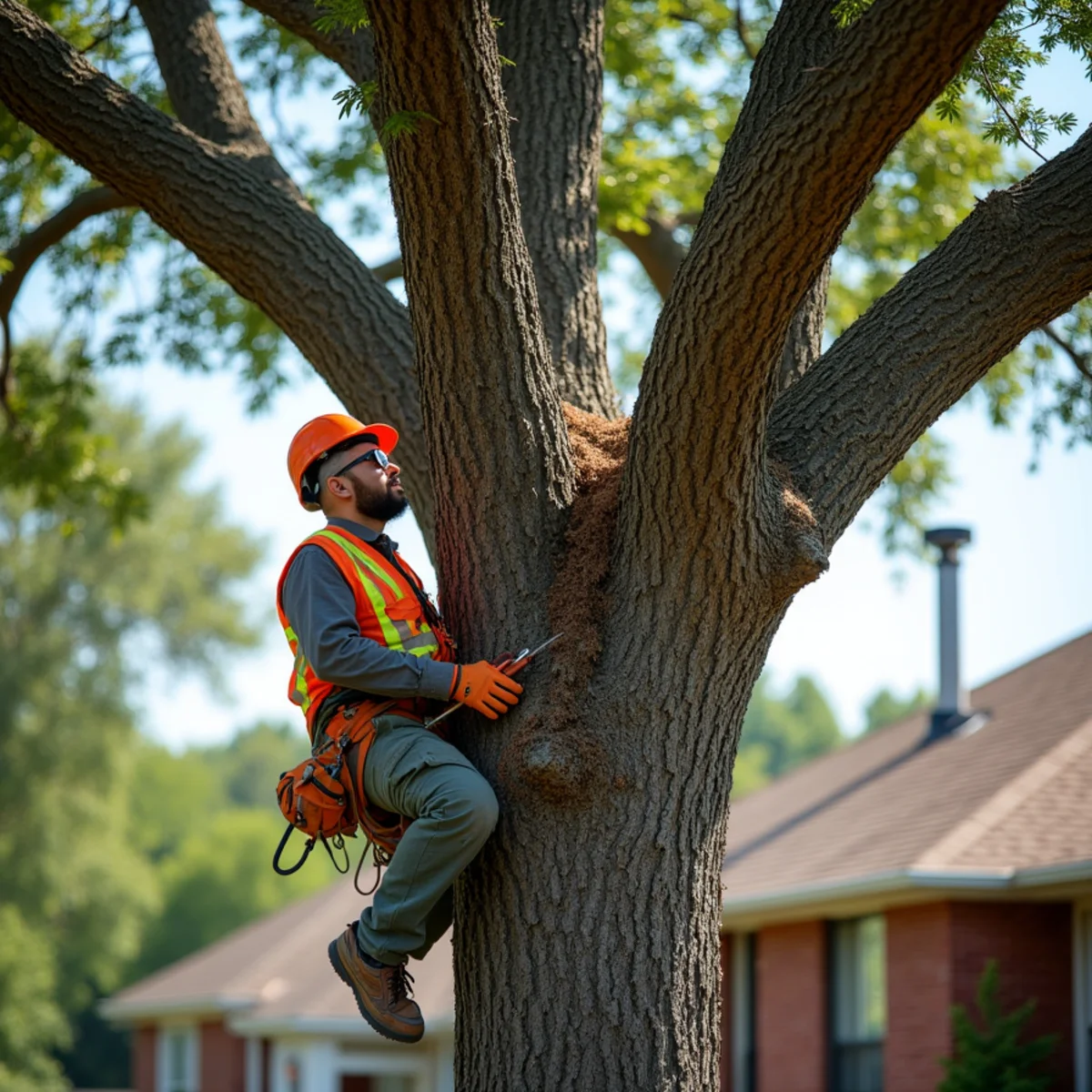 Certified arborist making a proper reduction cut on a mature live oak in Southlake, TX