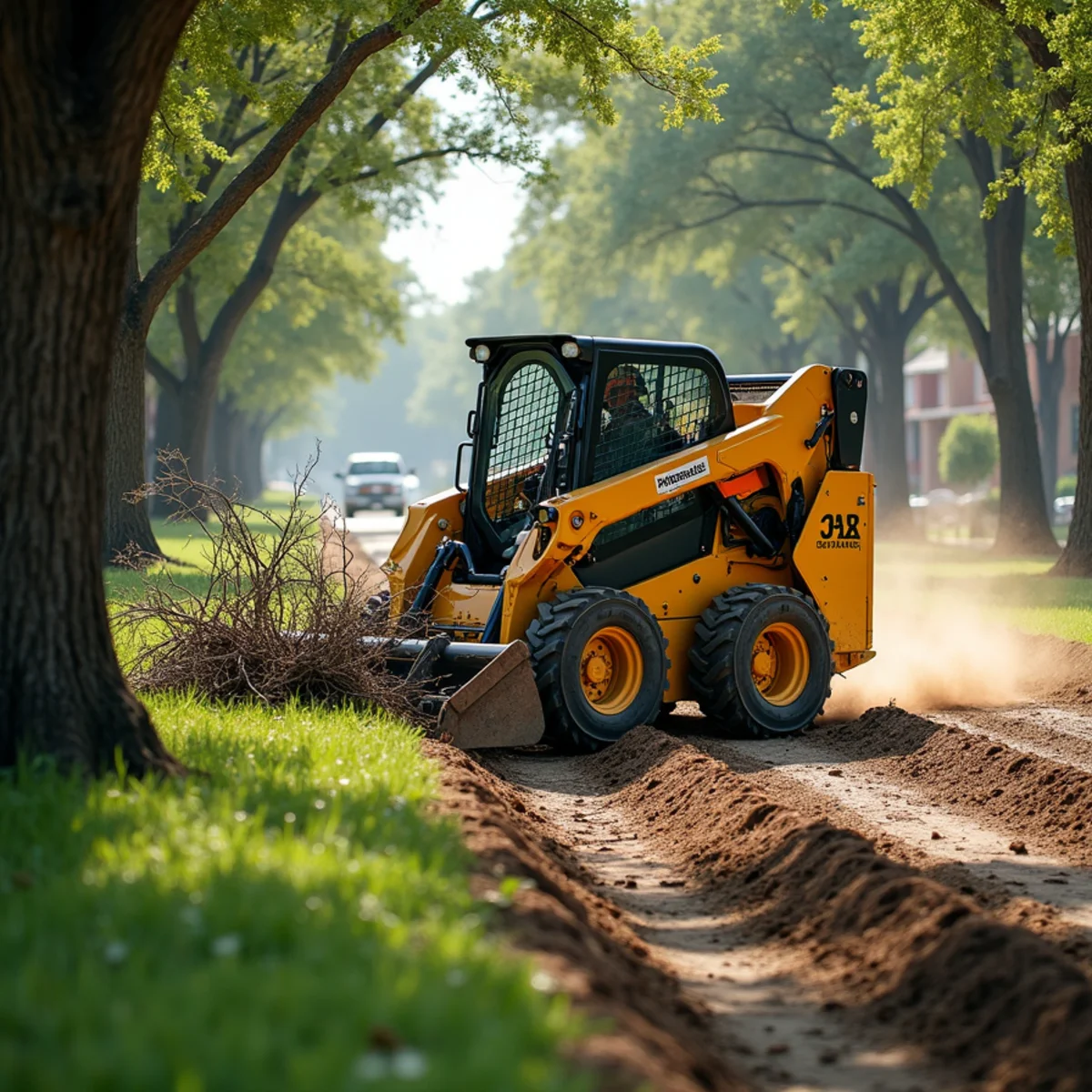 Skid steer clearing brush and small trees on a Mesquite, TX lot