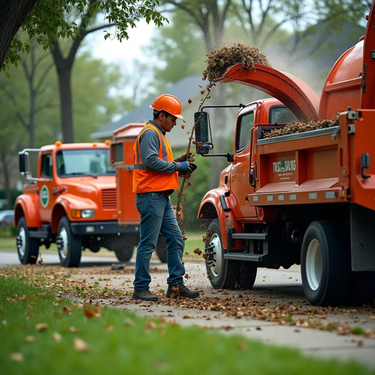 Worker feeding storm-broken branches into a chipper in Mesquite, TX