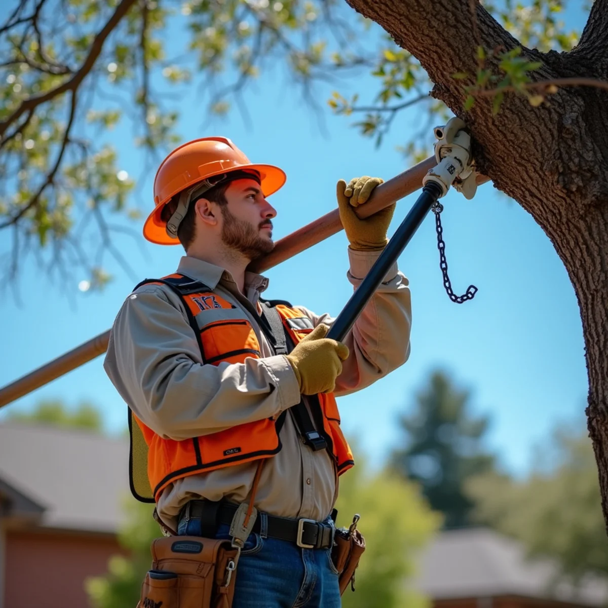 Arborist trimming branches back from an overhead power service drop in Mesquite, TX