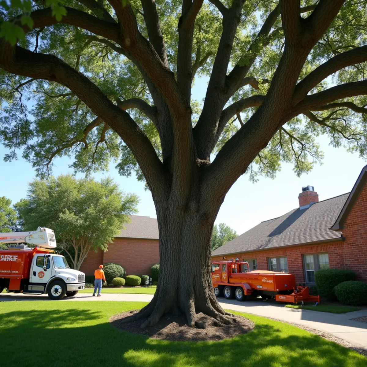 Large protected oak marked for permit review in a Flower Mound, TX yard