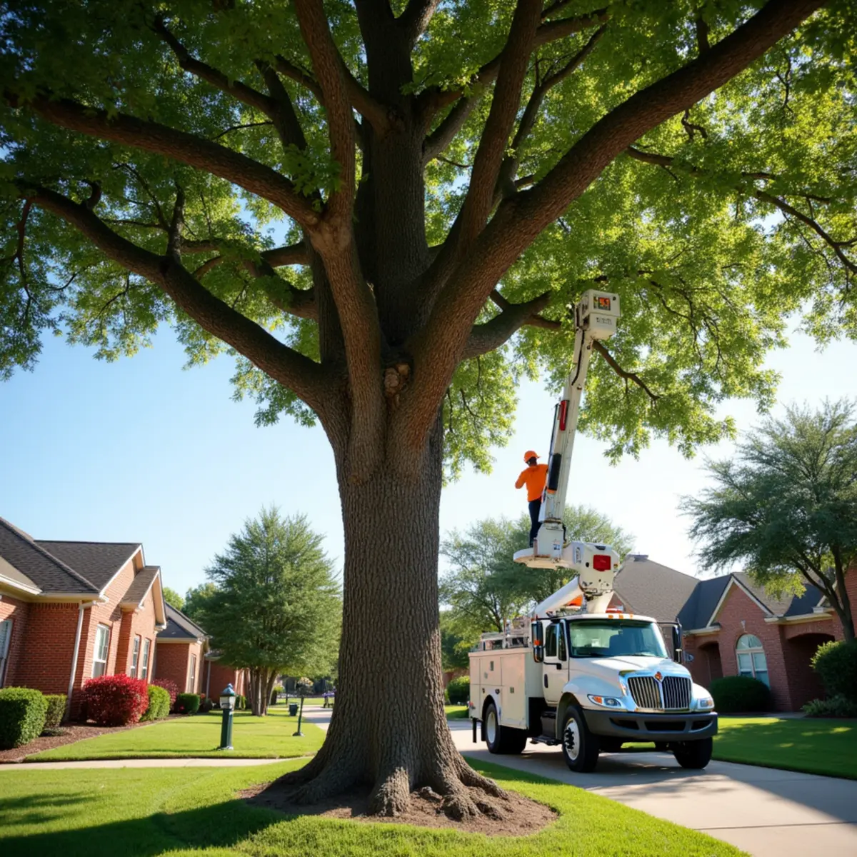 Tall native pecan tree with webworm nests being inspected in Grapevine, TX