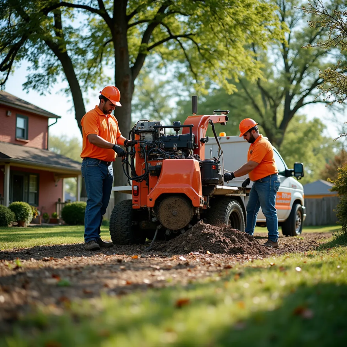Stump grinder working near marked sprinkler lines in a Carrollton, TX backyard