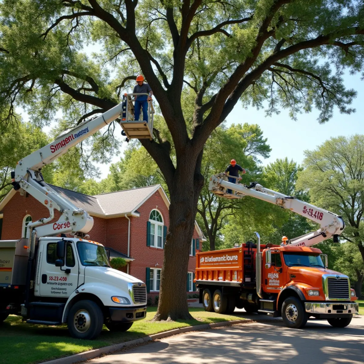 Crew removing a large tree next to a house with rigging in Lewisville, TX