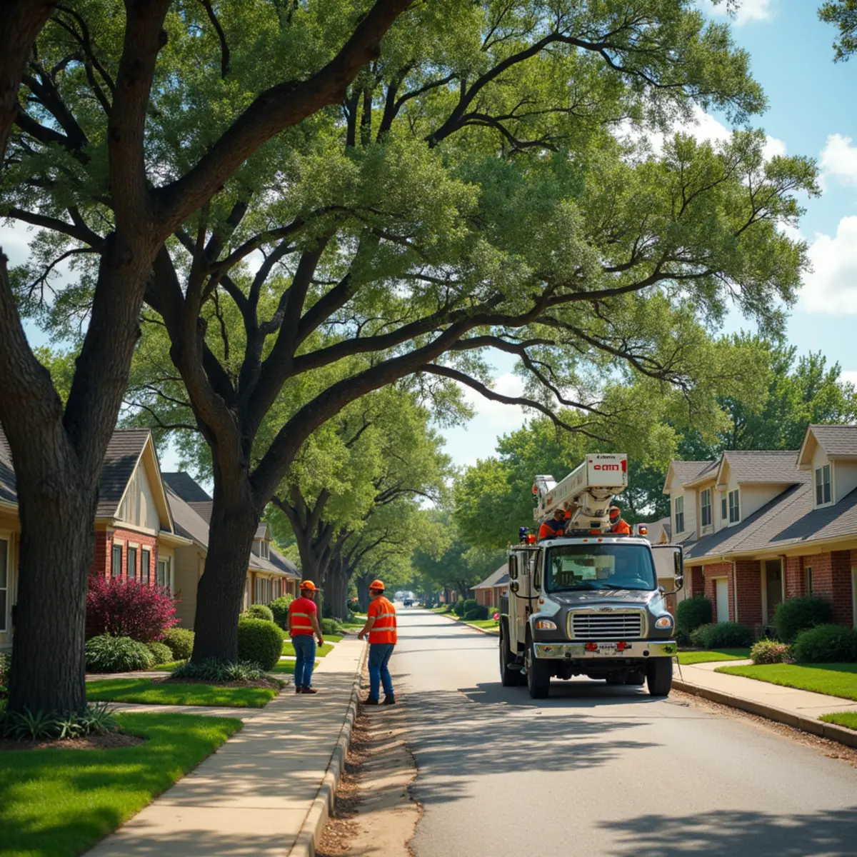 Tree service in Hickory Creek, TX neighborhood with mature trees