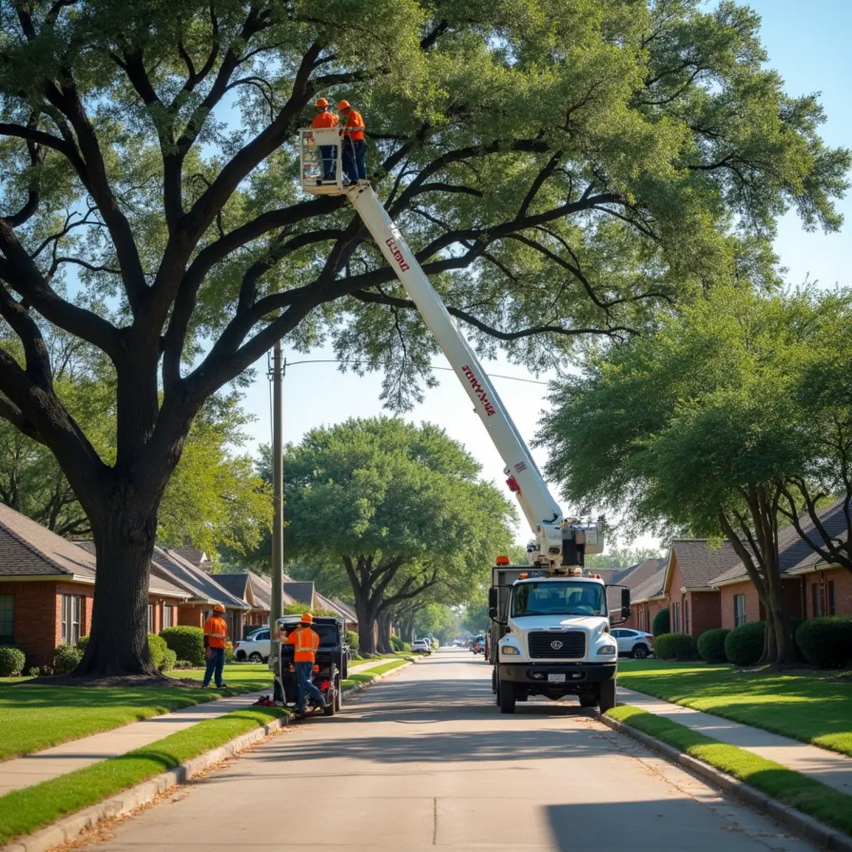 Tree service in Weatherford, TX neighborhood with mature trees